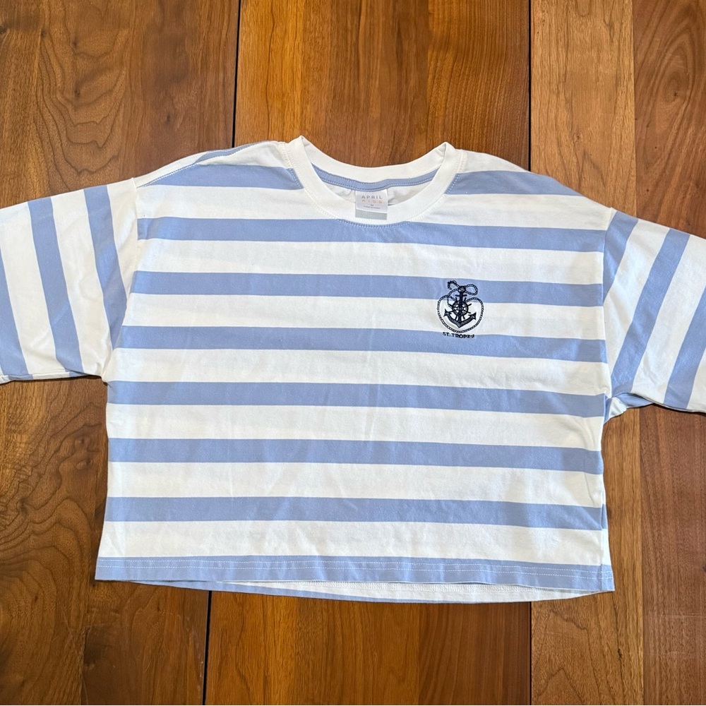 April Kiss Striped Cropped hem St. Tropez Periwinkle white Cotton Shirt W size M